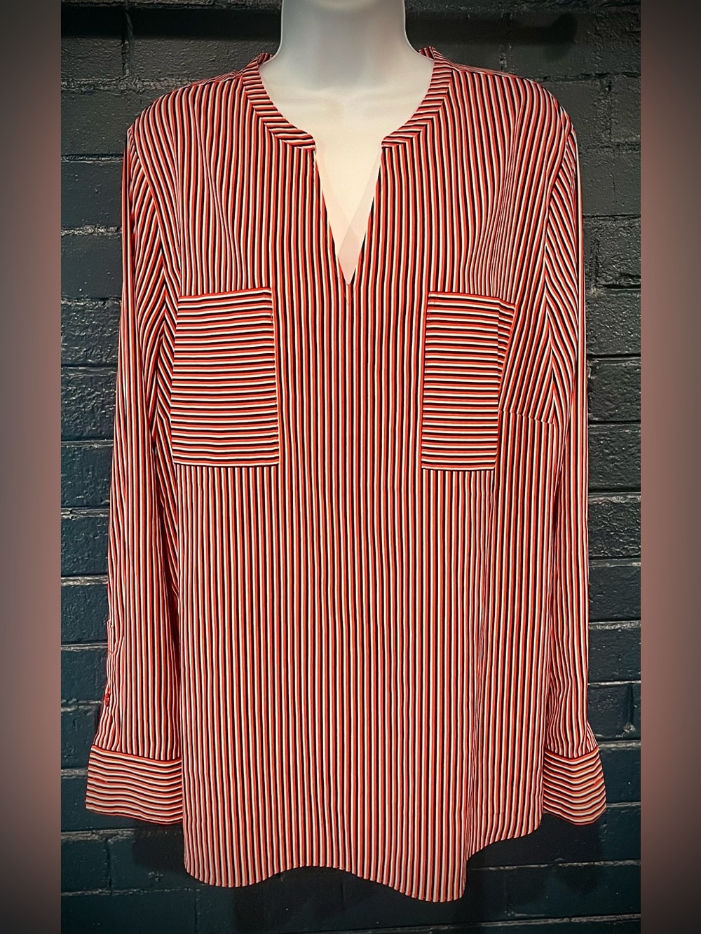 Striped Red & White V-Neck Long Sleeve Blouse